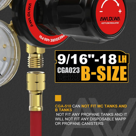 Close-up of oxygen and acetylene regulators showing 9/16-18 outlet and labeling, for medium duty welding torch, CGA540 CGA510 compatible.