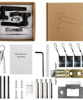 Five In One Keyless Smart Door Lock With App Code Fingerprint Key Card And Handle with installation components and instructions.