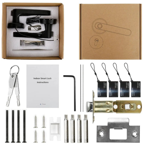 Five In One Keyless Smart Door Lock With App Code Fingerprint Key Card And Handle with installation components and instructions.