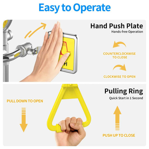 Heavy Duty Combination Emergency Eye Wash Shower Station Forged From Bonafide 304 Stainless Steel For Workplace Safety showing hand push plate and pulling ring operation.