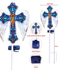 Solar Glass Cross Garden Stake Light With Angel Wings And Stained Glass Look, featuring glass cross and metal wings, 58cm tall