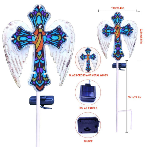 Solar Glass Cross Garden Stake Light With Angel Wings And Stained Glass Look, featuring glass cross and metal wings, 58cm tall