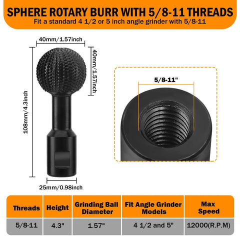 Rotary Burr For Wood Carving, 5/8-11 Threaded Ball Gouge Grind Head For 4 1/2 To 5 Inch Angle Grinders, Carbon Steel Shaping Bit