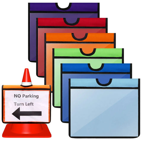 Set Of Six Traffic Cone Sleeve Covers With Pockets For Caution Signs And Outdoor Safety Includes Orange Blue Green Red Purple Colors