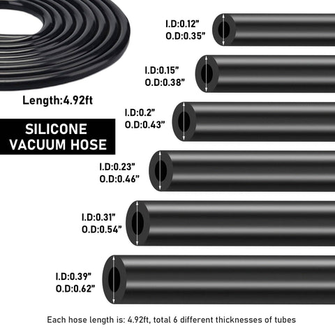Six Piece Five Foot Silicone Vacuum Hose Kit For Cars With Six Inner Diameters From One Eighth To Three Eighths Inch Durable Flexible High Performance Auto Vacuum Tubing For Air Intake Boost PCV And More 43 PSI Working Pressure 130 PSI Burst.