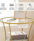 Round End Table With Charging Station And Glass Top, 2-Tier Gold Accent Side Table For Tiny Spaces, Perfect Nightstand