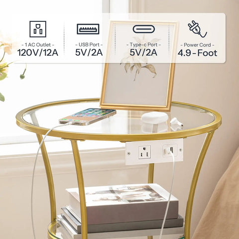 Round End Table With Charging Station And Glass Top, 2-Tier Gold Accent Side Table For Tiny Spaces, Perfect Nightstand