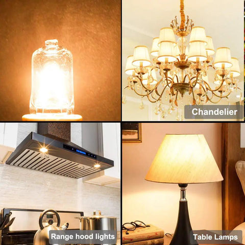 G8 Halogen Bulbs 10 Pack, 20W 120V Bi Pin Xenon JCD Type in chandeliers, range hood lights, and table lamps, warm glow.