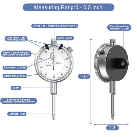 Front and side view of precision dial gauge with labeled parts and 0.5 inch range for precise measurements.