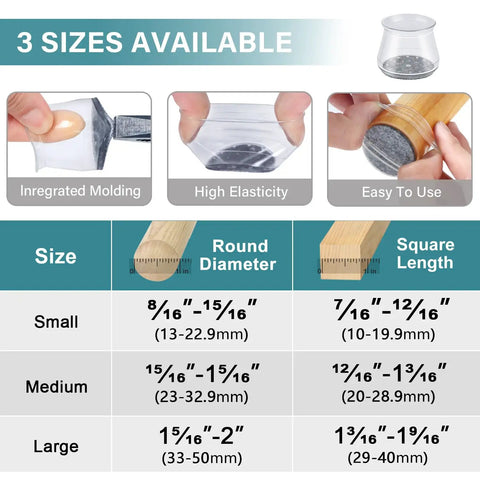 Comparative diagram of 24 Pack Round Silicone Felt Chair Leg Protectors for different furniture leg sizes and types.