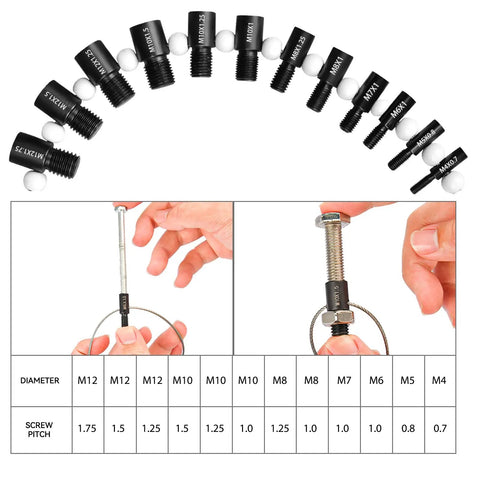 Nut And Bolt Thread Checker Kit With 28 Gauges 15 SAE Inch And 13 Metric Thread Gauges For Quick Identification And Verification Of Nuts Bolts And Screws Pro Level Hand Tool demonstrating thread verification with table and close-up view of hands using gauges.
