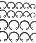 External Circlip Assortment Kit 100 Pcs Black Steel C Clips Rotatable Snap Rings in various sizes displayed horizontally