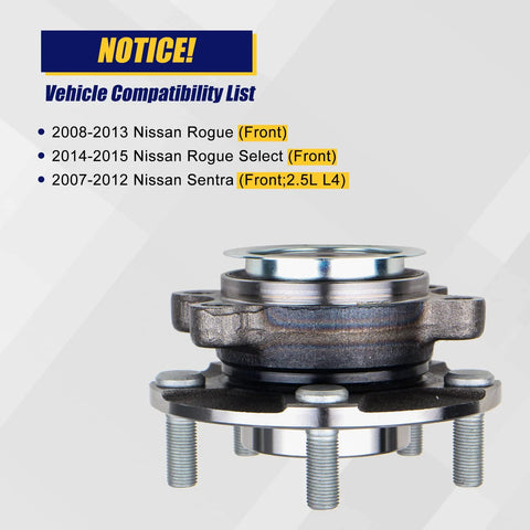 Front Wheel Bearing Hub Assembly 513298 Fits 2008 2013 Nissan Rogue 2014 2015 Nissan Rogue Select and 2007 2012 Nissan Sentra Front 5 Lug ABS Encoder Replacement