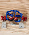 High Grade Woodworking Bearing Roller Feeder Pair Aluminum Alloy Table Saw Feeding Guide with blue rollers and red knobs.