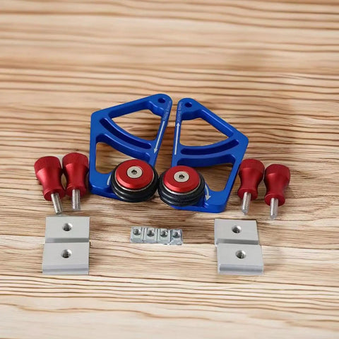 High Grade Woodworking Bearing Roller Feeder Pair Aluminum Alloy Table Saw Feeding Guide with blue rollers and red knobs.