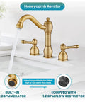 Vintage 8 Inch Widespread Bathroom Faucet With 3 Hole 2 Lever Handles Deck Mount And Pop Up Drain Antique Brass Includes Hot And Cold Water Supply Lines For A Retro Vibe Powder Room Makeover, installed on a white sink with running water and honeycomb aerator.