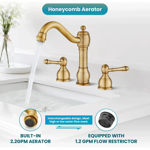 Vintage 8 Inch Widespread Bathroom Faucet With 3 Hole 2 Lever Handles Deck Mount And Pop Up Drain Antique Brass Includes Hot And Cold Water Supply Lines For A Retro Vibe Powder Room Makeover, installed on a white sink with running water and honeycomb aerator.