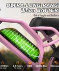 Close-up of the 16-Inch Fat Tire Electric Mountain Bike With 800W Peak Motor, removable Li-ion battery, pink frame