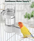 Legit Leak Proof Automatic Bird Water Dispenser With Drip Free Sippin Station For Small Parrots Parakeets Cockatiels And Budgies Smooth Plastic Cage Hydration Bottle 140Ml in use with a yellow bird.