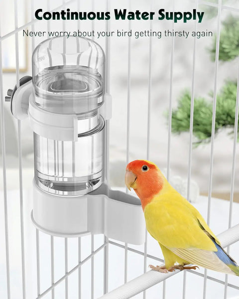 Legit Leak Proof Automatic Bird Water Dispenser With Drip Free Sippin Station For Small Parrots Parakeets Cockatiels And Budgies Smooth Plastic Cage Hydration Bottle 140Ml in use with a yellow bird.