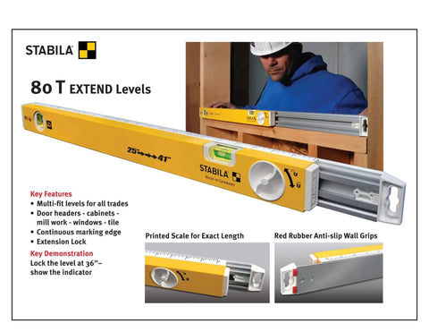 Extendable 36 Inch Level With Locking Design And Continuous Marking Edge Type 80T showcased on a wall, durable aluminum body.