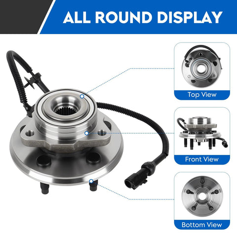 Front Wheel Bearing Hub Assembly For Ford Explorer 2002 To 2005 Lincoln Aviator 2003 To 2005 Mercury Mountaineer 2002 To 2005 5 Lug ABS Sensor Included Two Pack, all round display view, showing top, front, and bottom angles.