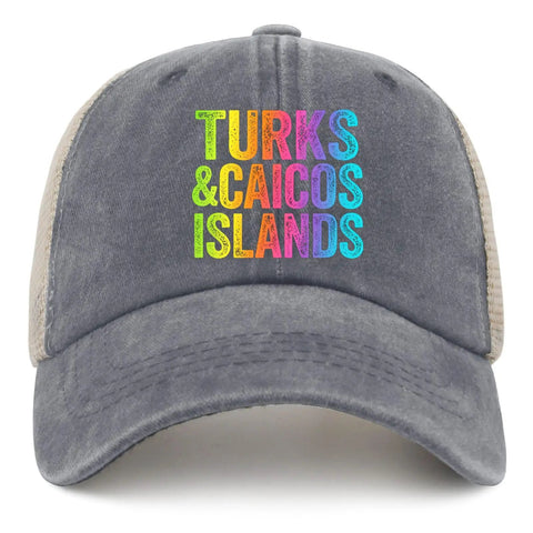 Travel Ready Women's Vintage Tennis Trucker Hat with adjustable buckle, gray cap, colorful Turks and Caicos text front view.