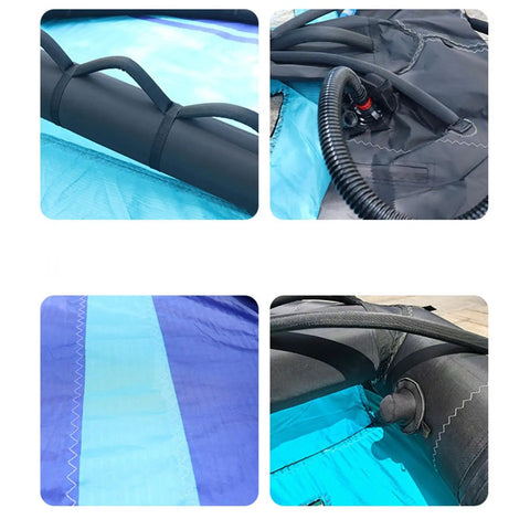Close-up of the Inflatable Surfing Foil Wing for Beginners and Pros, showing Oxford polyester fabric and air pump details.