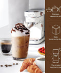 Straight Up Solid Espresso Machine For Home With 20 Bar Pressure Pump And Built In Milk Frother Steam Wand. Sleek Pearl White Stainless Steel Coffee Maker For Top Shelf Lattes And Cappuccinos. No Sweat Daily Brewing Setup. with espresso, iced coffee, and pastries.