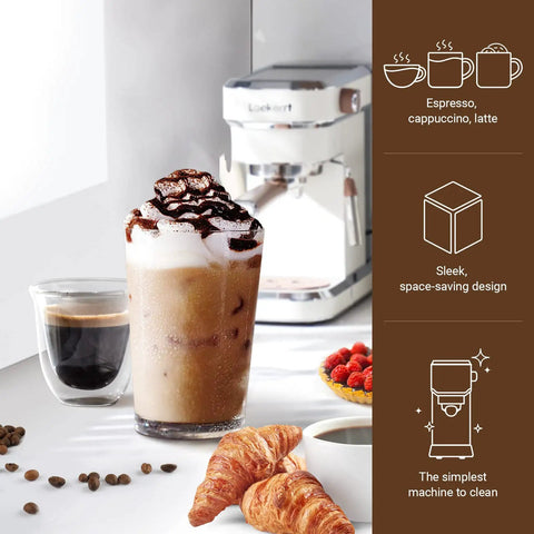 Straight Up Solid Espresso Machine For Home With 20 Bar Pressure Pump And Built In Milk Frother Steam Wand. Sleek Pearl White Stainless Steel Coffee Maker For Top Shelf Lattes And Cappuccinos. No Sweat Daily Brewing Setup. with espresso, iced coffee, and pastries.