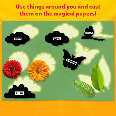 Sun Paper Art Kit For Kids, STEM Craft Set With Sunlight Printing, Decorative Paper, Animal Stencils And Markers showing cloud, butterfly and macaw stencils.