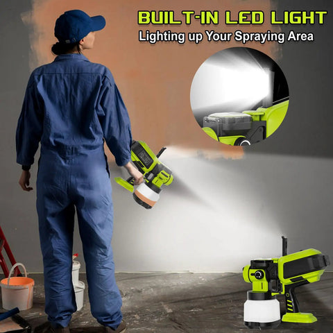 Kick Your DIY Projects Into High Gear With This Cordless Automatic Paint Sprayer Tool Only Compatible With Ryobi 18V Batteries No Cords Just Effortless Precision Finishing in use with built-in LED light.