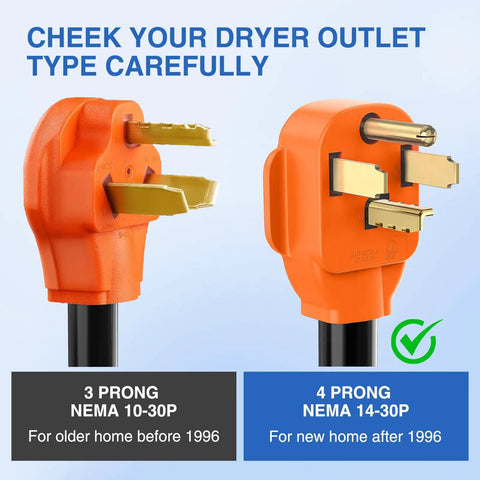 No Sweat 50 Ft Ev Dryer Extension Cord 4 Prong Nema 14 30 Plug showing two types of dryer plugs, 3 prong and 4 prong.