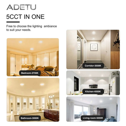 Six Pack Four Inch Ultra Thin LED Recessed Ceiling Lights with junction box dimmable canless wafer downlights, showing different room settings and color temperatures