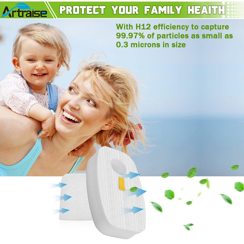Smiling mother and child with 4 Pack Replacement Filters For Rocket DuoClean Vacuum Cleaners HV380 Series filter illustration