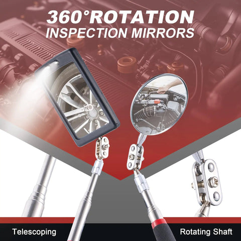 4 In 1 Telescoping Inspection Mirror Kit With LED Light Flexible Reach Magnetic Pickup And Interchangeable Round And Square Heads for automotive maintenance