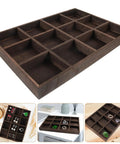 Vintage Solid Wood Jewelry Tray With 12 Spacious Compartments Smooth Edge Ring Holder And Decorative Display Plate on a surface.