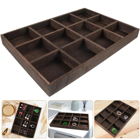 Vintage Solid Wood Jewelry Tray With 12 Spacious Compartments Smooth Edge Ring Holder And Decorative Display Plate on a surface.