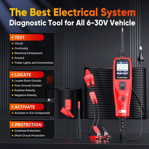 PowerScan PS100 Power Circuit Probe Kit For All 12V And 24V Cars, Pro Grade Automotive Diagnostic Tool With Real Time Readouts, Easy Wiring Tester, Durable, Reliable Car Electrical Troubleshooter on display with test modes