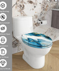 Elongated Resin Toilet Seat for Bathroom featuring a blue and gold marbled design, fitting standard toilets, easy to clean.
