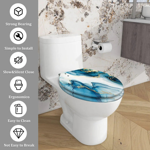 Elongated Resin Toilet Seat for Bathroom featuring a blue and gold marbled design, fitting standard toilets, easy to clean.