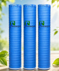 Top Shelf Foam Flooring Underlayment 1.5 Mm Thick Kickin Noise Control Blue Padding in three rolls on a wooden surface.