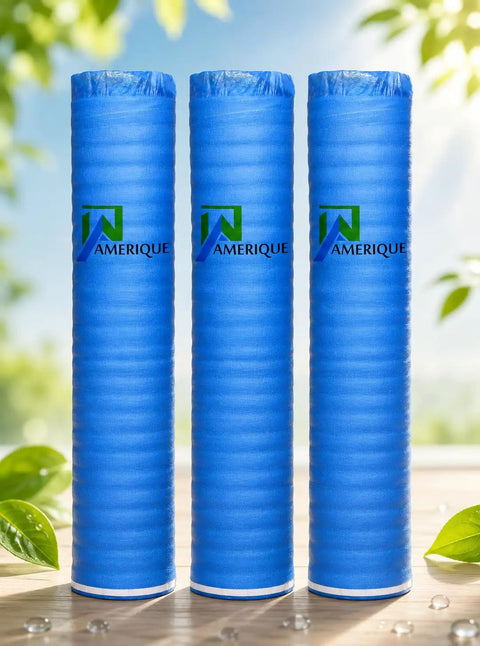 Top Shelf Foam Flooring Underlayment 1.5 Mm Thick Kickin Noise Control Blue Padding in three rolls on a wooden surface.
