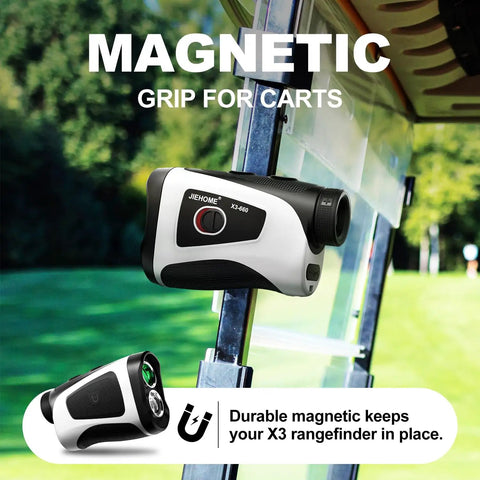 Dope Golf Rangefinder With Slope Compensation And Magnetic Mount, 7X Magnification shown mounted on golf cart