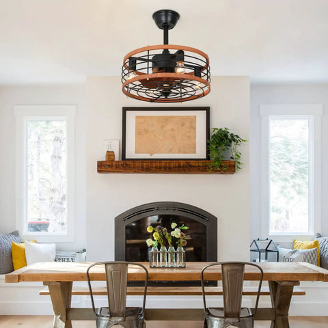 Caged Ceiling Fan With Light 21 Inch Rustic Dope Flush Mount in living room, visible above dining table with remote, 3 speeds.