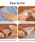 Step-by-step installation of Baby Proofing Game Changer 16 Pack Clear Corner Protectors on a wooden table.