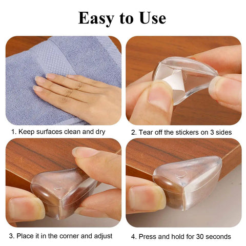 Step-by-step installation of Baby Proofing Game Changer 16 Pack Clear Corner Protectors on a wooden table.