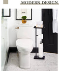 Matte Black Free Standing Toilet Paper Holder With Shelf For Bathroom beside a modern white toilet