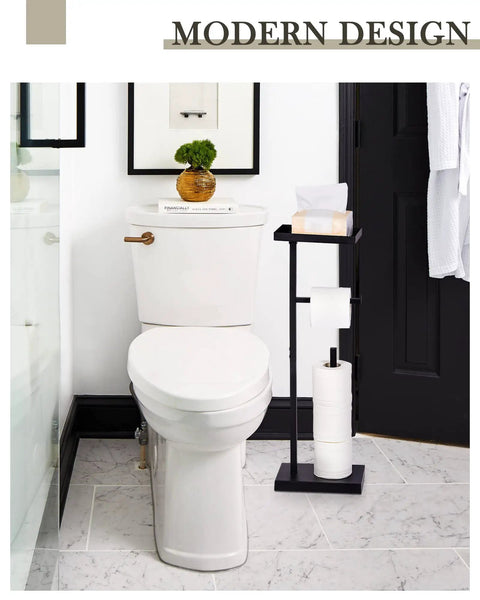 Matte Black Free Standing Toilet Paper Holder With Shelf For Bathroom beside a modern white toilet