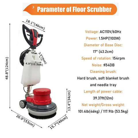 Commercial Floor Cleaning Machine 17 Inch Floor Cleaner And Polisher Industrial Scrubber Buffer With Three Changeable Brushes.
